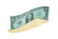 One Dollar Bill Embedded in a Sandy Heap on White Background