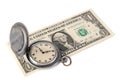 One-dollar bill of the United States which is retro pocket watch with scratches. The concept of time is money, time management or Royalty Free Stock Photo