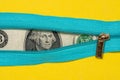 One Dollar Bill With Zipper on Yellow Background Royalty Free Stock Photo