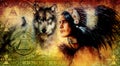 One dollar collage with indian man warrior with wolf, ornament background. Royalty Free Stock Photo