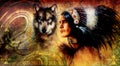 One dollar collage with indian man warrior with wolf, ornament background.