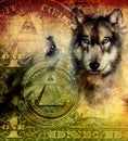 One dollar collage with wolf head, painting on canvas, color ornamental sepia and green background, tattoo designs