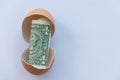 One dollar in an egg shell on white background Royalty Free Stock Photo