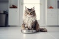 One domestic siberian longhaired fluffy cat sits on floor in the white kitchen next to bowl of food. Generative AI Royalty Free Stock Photo