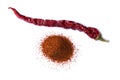 One dry red chili pepper on white background. Desiccated milled paprika. Royalty Free Stock Photo