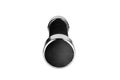 One dumbbell on white background isolated close up, single metal barbell with black handle, fitness bar-bell design, sport