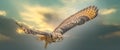 One Eagle Owl flies with spread wings against a dramatic sky. Orange eyes stare at you while he is flying. Dramatic blue Royalty Free Stock Photo