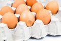 One egg with cracked egg shell with other eggs on tray. Royalty Free Stock Photo