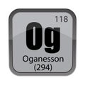 One eighteen 118. Oganesson 294 label. Og atomic panel. Vector gray box. Royalty Free Stock Photo