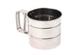 One empty cylindrical stainless mug with mechanical rotary sieve and handle with trigger isolated on white