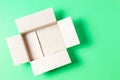 One empty open brown cardboard box on light green background. Top view Royalty Free Stock Photo