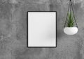 Single 8x10 Vertical Pink Frame mockup with green plant in vase on concrete wall Royalty Free Stock Photo