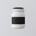 One Empty White Glass Jar Closed Ceramic Cap Isolated Background.Clean Glassy Container Black Label Mockup Ready Royalty Free Stock Photo