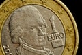 One euro coin close up isolated on black background. Detail of metallic money close up. EU money Royalty Free Stock Photo