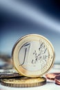 One euro coin on the edge. Euro money currency. Euro coins stacked on each other in different positions Royalty Free Stock Photo