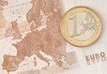 One Euro Coin on Euro Banknote Royalty Free Stock Photo