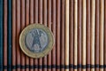 One euro coin lie on wooden bamboo table Denomination is 1 euro - back side Royalty Free Stock Photo