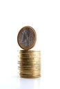 One Euro coin on the top of coins. Royalty Free Stock Photo