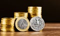 One euro coin and us quarter dollar coin and gold money Royalty Free Stock Photo