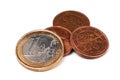 One Euro coin on white background, with many coins Royalty Free Stock Photo