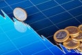 One-euro coins on downtrend chart. Royalty Free Stock Photo