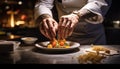 One expert chef prepares a gourmet meal with fresh ingredients generated by AI Royalty Free Stock Photo