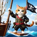 The one-eyed pirate cat stands proudly on the bow of the ship, his fur ruffled by the salty sea breeze. Royalty Free Stock Photo