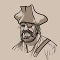 One-eyed pirate with hat. Portrait. Digital Sketch Hand Drawing Vector.
