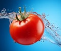 One falling tomato with water splashing over light blue background with copy space, AI generated Royalty Free Stock Photo