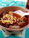 Is one of the famous Japanese food chain. Its spongy texture, made from sago flour, usually involves toppings from the claw, Royalty Free Stock Photo