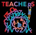 One female child sorts through the 26 letters of the alphabet while a boy places a letter to complete the word teacher