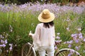 One female with her bicycle admiring the beautiful pastel purple flower field Royalty Free Stock Photo