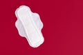 One Feminine Sanitary Pad, Napkin. Means of feminine hygiene during the menstrual cycle. Red background. Copy space Royalty Free Stock Photo