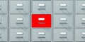 One red filing drawer on gray color cabinets background. 3d illustration