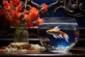 one fish swims in a lavishly decorated tank, another in a simple bowl beside it