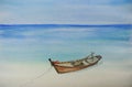 One fishing boat on beautiful beach watercolor painting