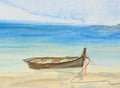 One fishing boat on beautiful beach watercolor painting