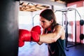 One fit young caucasian man wearing gloves and boxing a punching bag while training in a gym. Strong focused boxer Royalty Free Stock Photo