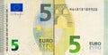 One five Euro bill. 5 euro banknote. The euro is the official currency of the European Union Royalty Free Stock Photo