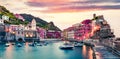 One of the five towns that make up the Cinque Terre region - Vernazza. Great spring sunrise in Liguria, Italy, Europe. Splendid Royalty Free Stock Photo