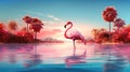 One flamingo standing in a water. Tropical landscape in background