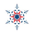 One florid snowflake in geometric style blue and red color is isolated on a white background