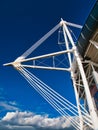 One of the four white cable-stayed truss masts at the Cardiff Millennium / Principality Stadium in Cardiff, Wales, UK