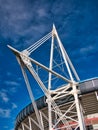 One of the four white cable-stayed truss masts at the Cardiff Millennium / Principality Stadium in Cardiff, Wales, UK