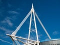 One of the four white cable-stayed truss masts at the Cardiff Millennium / Principality Stadium in Cardiff, Wales, UK