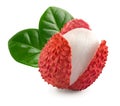 One fresh lychee with green leaves isolated on white background. macro. clipping path Royalty Free Stock Photo