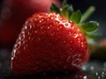 One fresh red strawberry close-up on a dark background. Natural organic whole strawberry with leaf, delicious berry Royalty Free Stock Photo