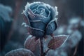 One frozen blue rose hidden in bush with ice crystals by AI generated Royalty Free Stock Photo