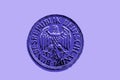 One german Mark coin marked Bundesrepublik Deutschland from 1968 on purple background..