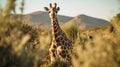 One giraffe walk through the savannah between the plants. AI Generative Royalty Free Stock Photo